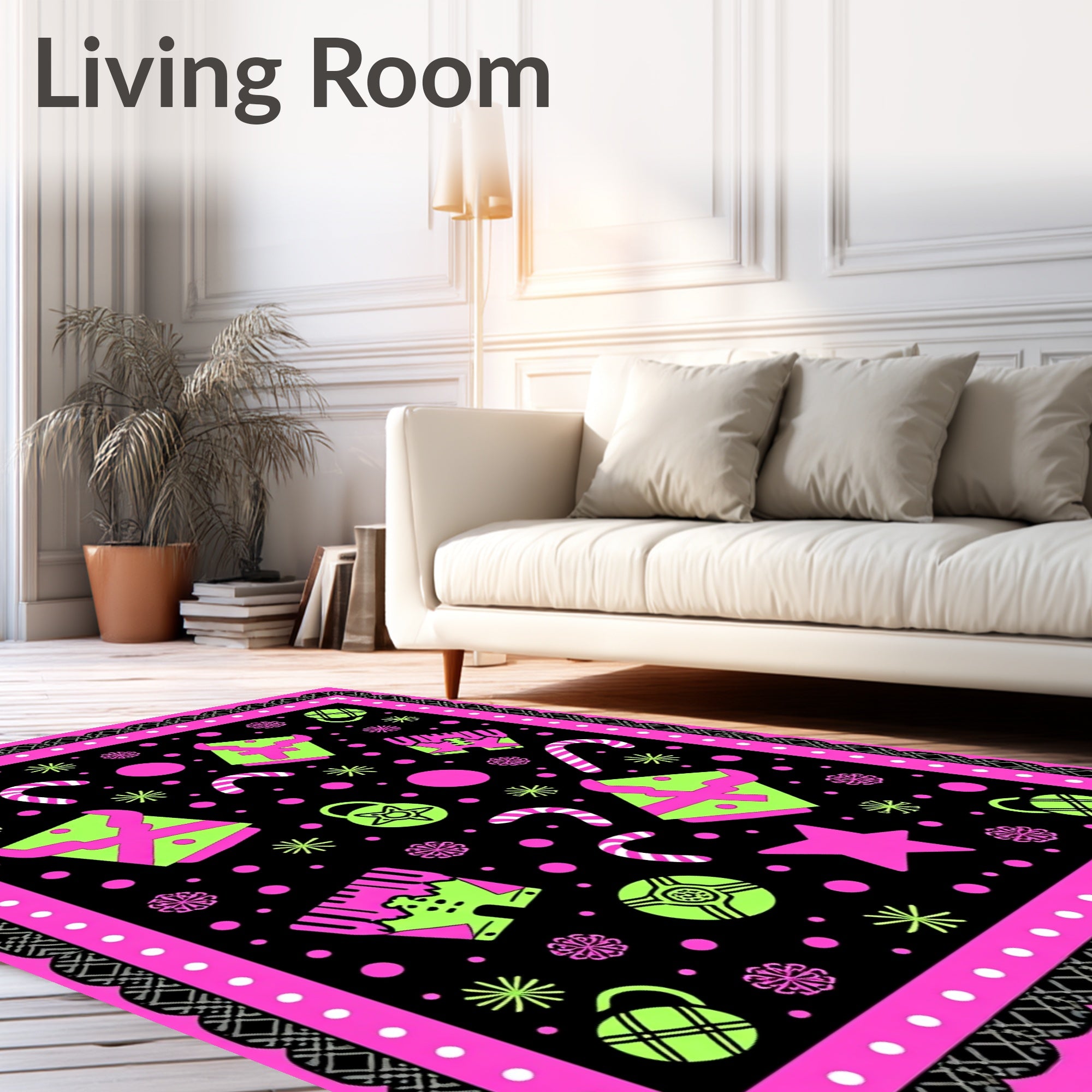 Neon Christmas Objects Black Pink Border Rug
