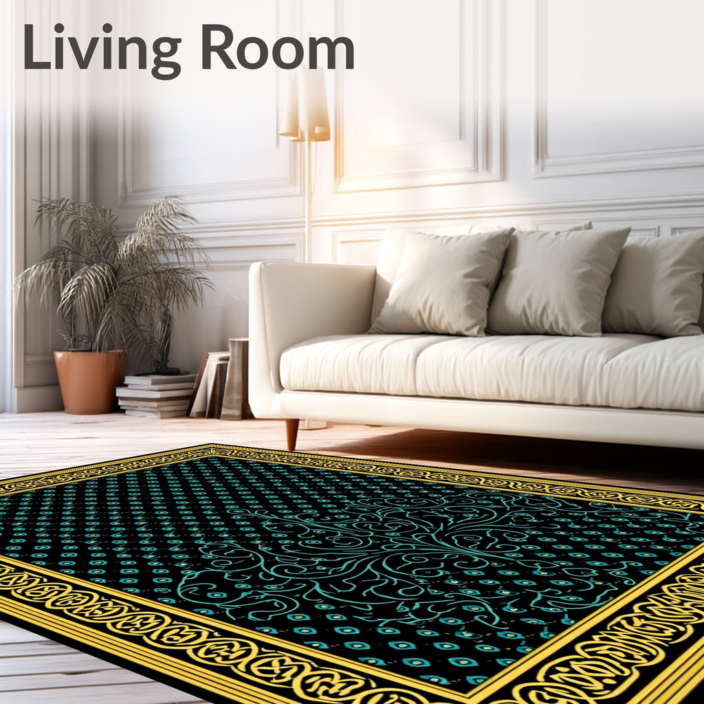 Black Teal Scroll Garden Frame Rug