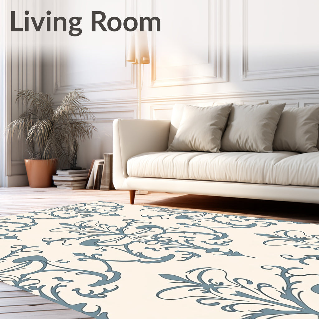 Pale Blue Scrollwork Traditional Damask Rug