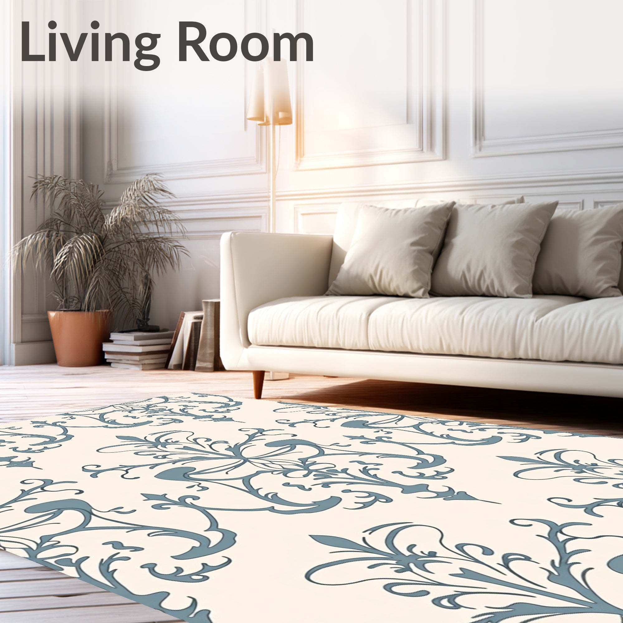 Pale Blue Scrollwork Traditional Damask Rug