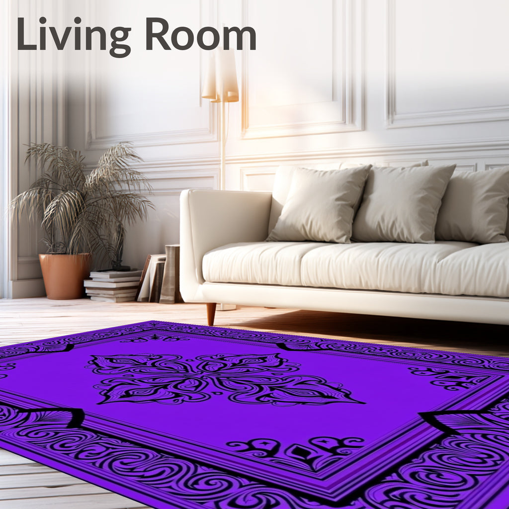 Rich Violet Black Scroll Floral Medallion Rug