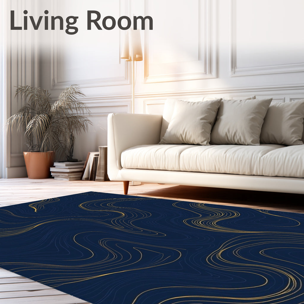 Deep Blue Gold Wavy Lines Rug