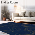 Deep Blue Gold Wavy Lines Rug
