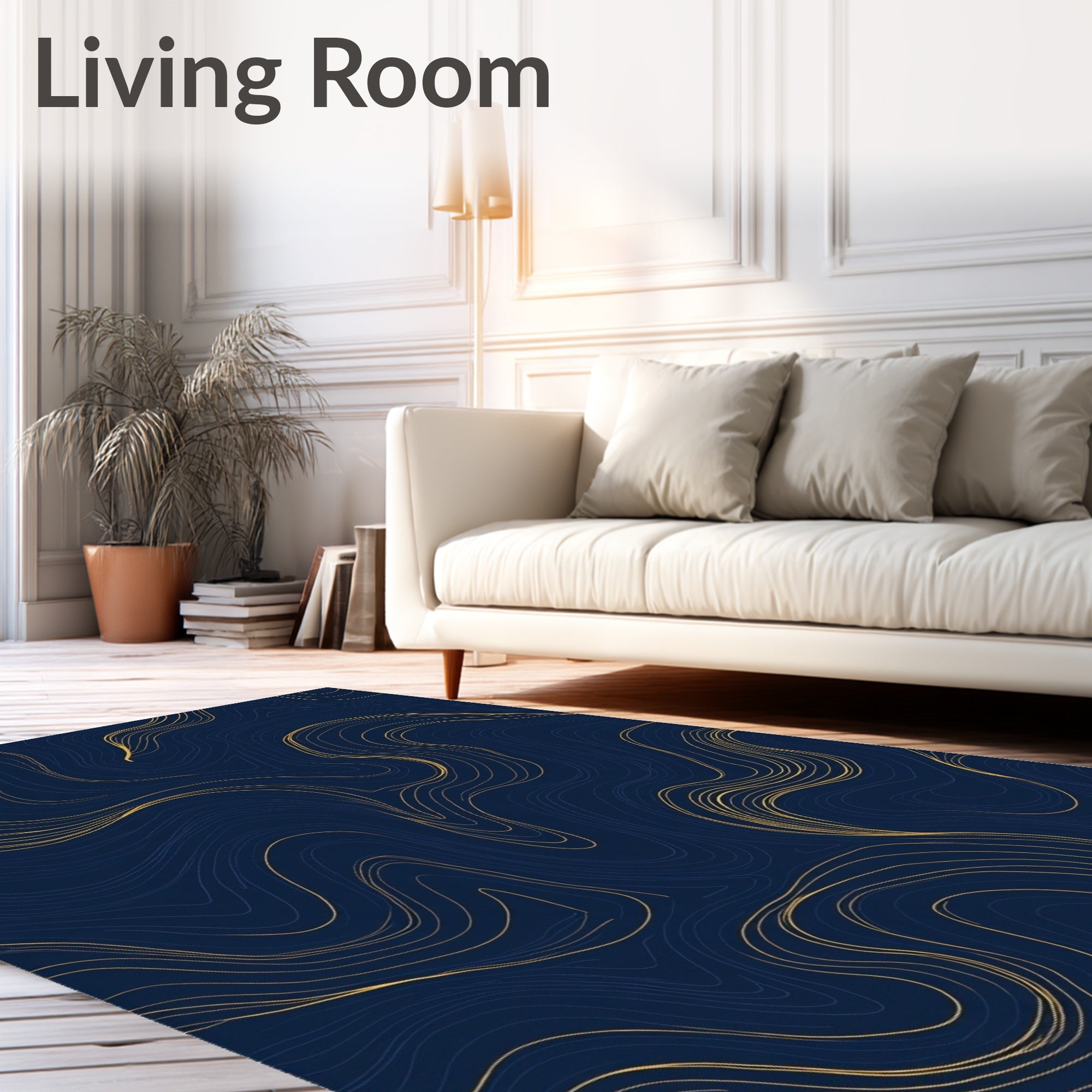 Deep Blue Gold Wavy Lines Rug