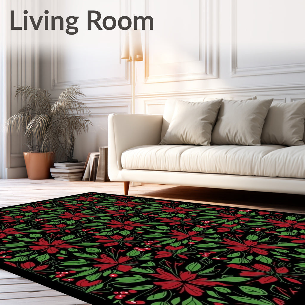 Crimson Red Floral Green Foliage Rug