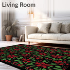Crimson Red Floral Green Foliage Rug