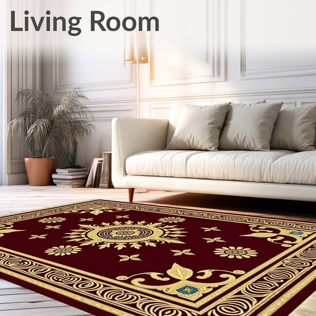 Burgundy Gold Floral Medallion Border Rug