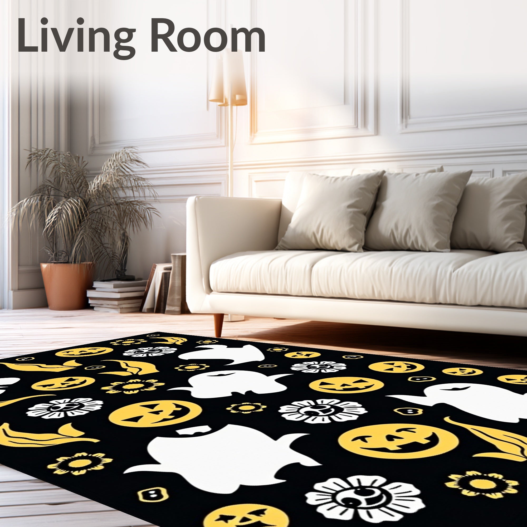 Black White Yellow Halloween Ghosts Rug