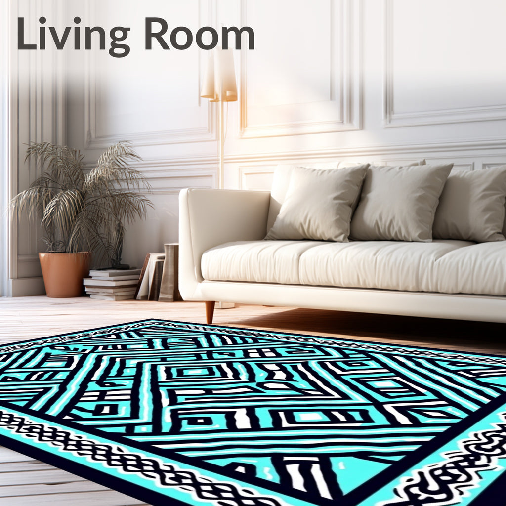 Aqua Black Geometric Interlocking Lines Rug