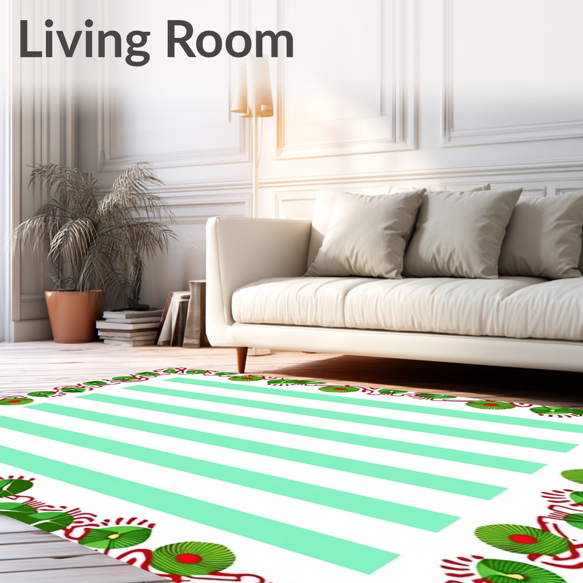 Mint Green Striped Floral Border Rug