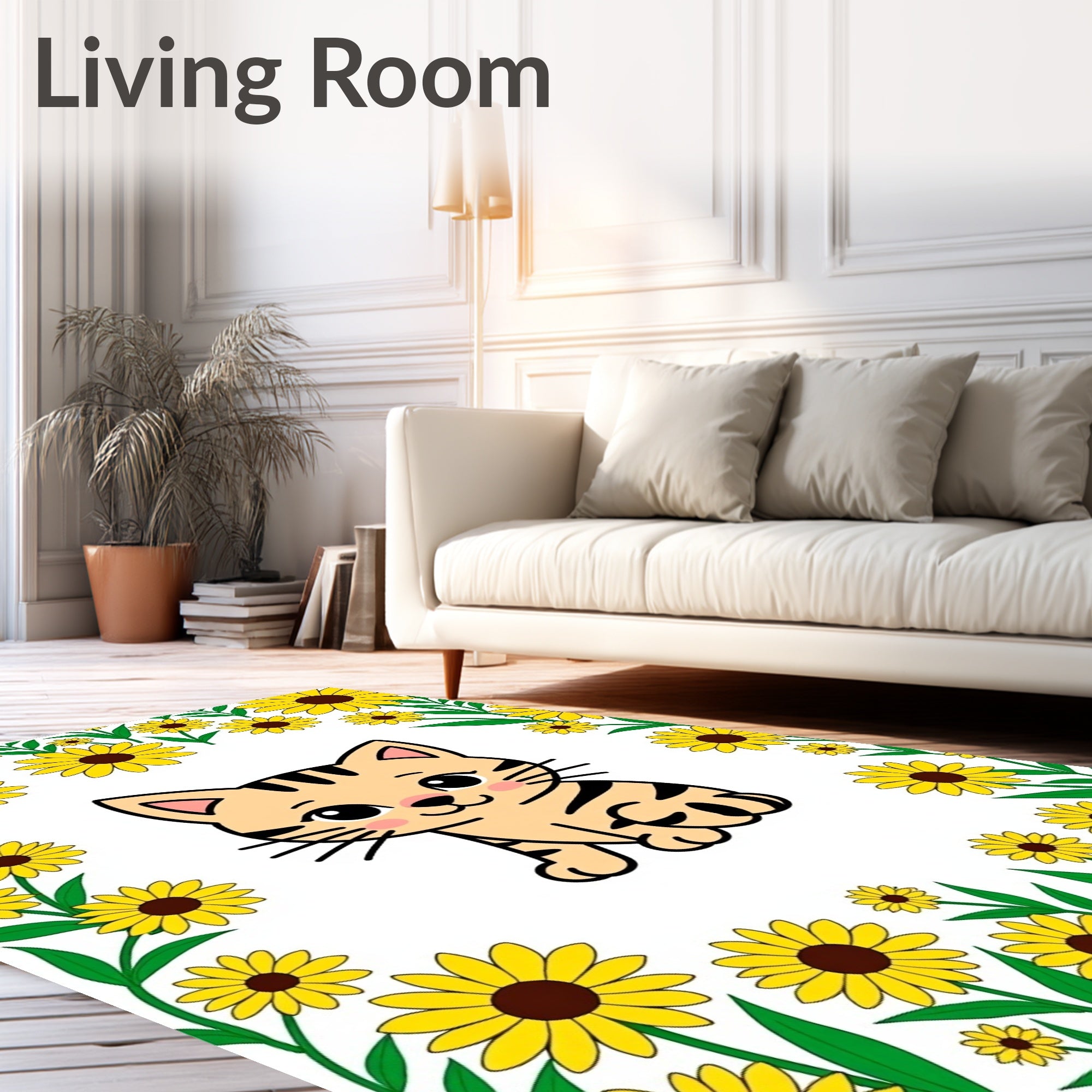 Cute Cat with Yellow Sunflower Border Rug