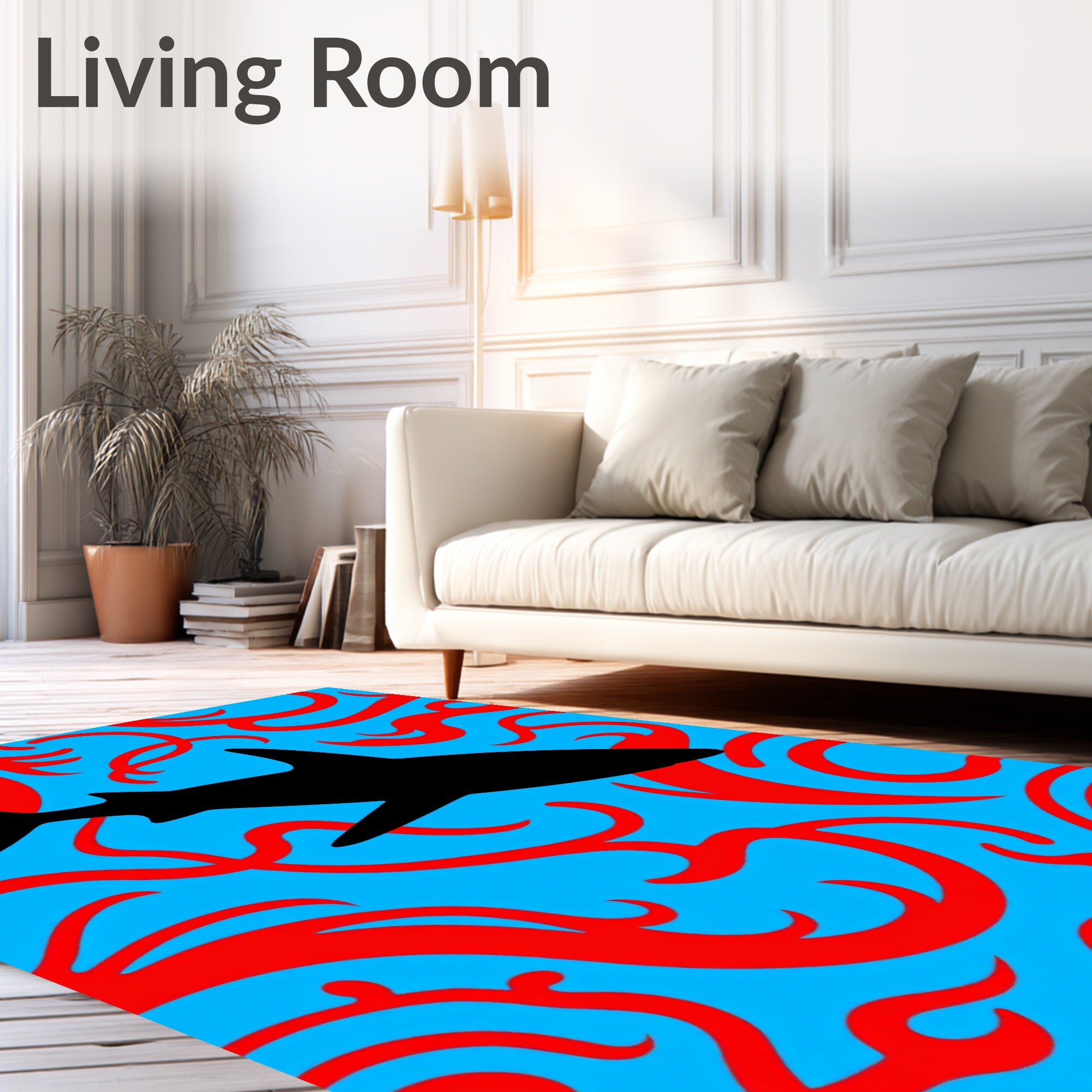 Black Shark Red Swirls Blue Background Rug