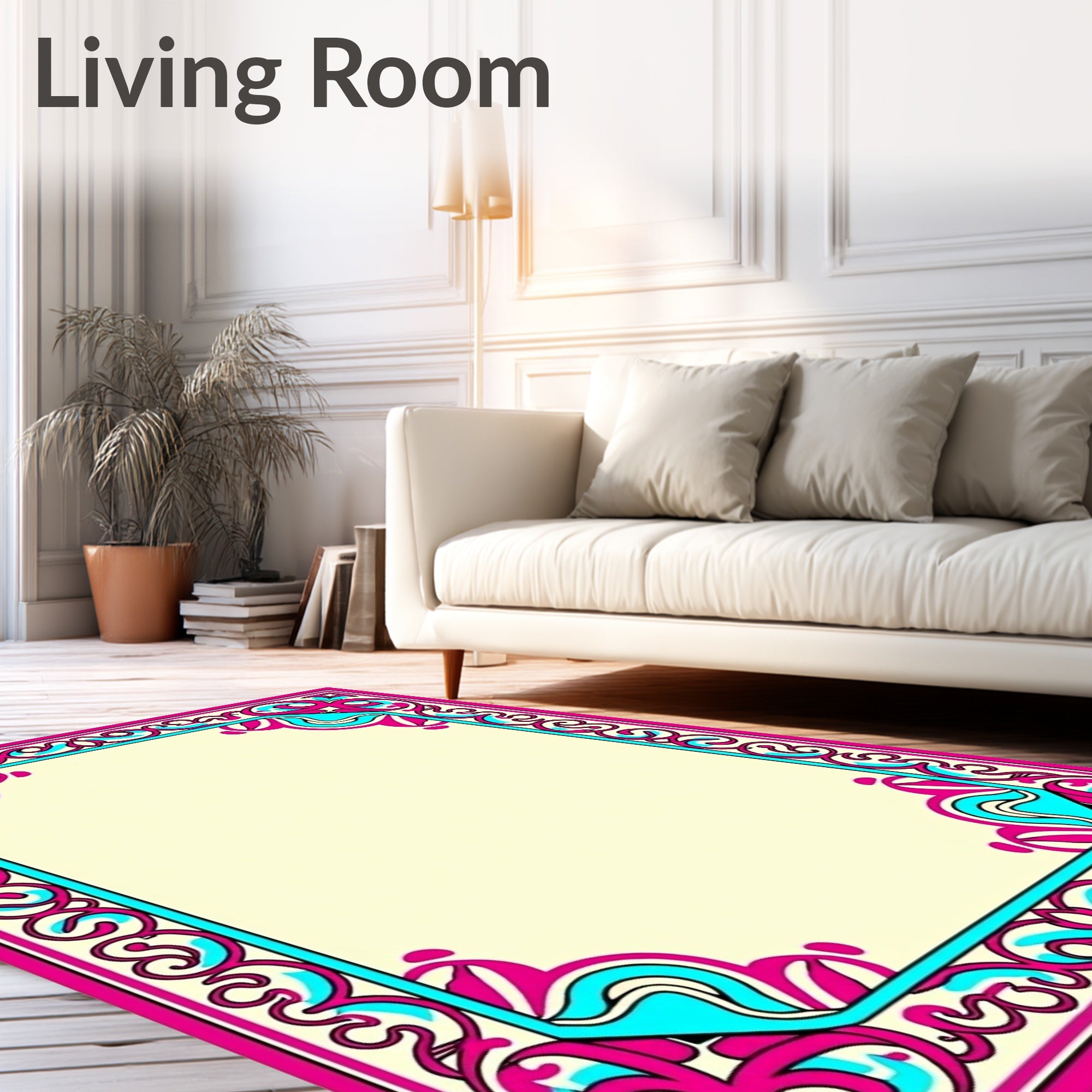 Ornate Teal Pink Floral Border Rug