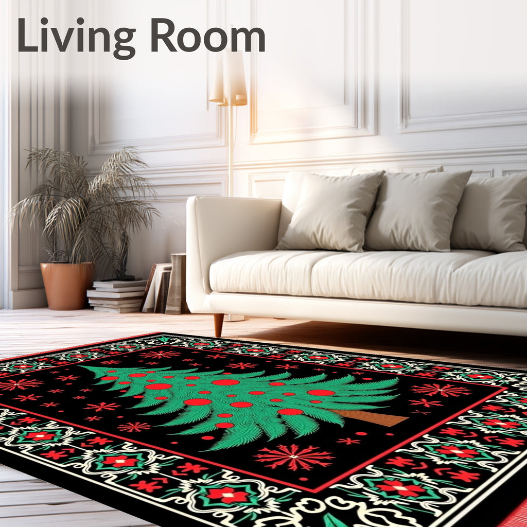 Festive Green Christmas Tree Black Medallion Rug