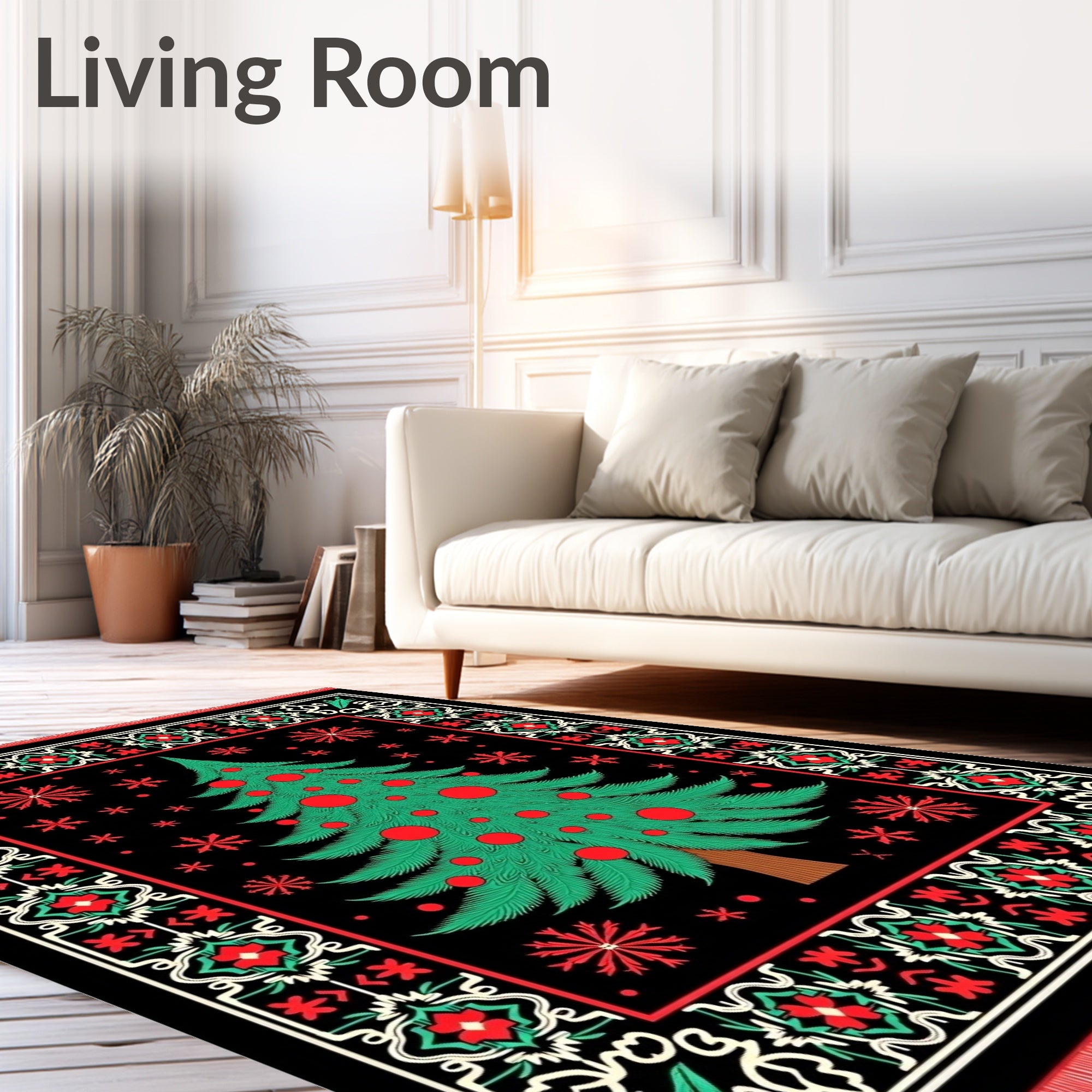 Festive Green Christmas Tree Black Medallion Rug