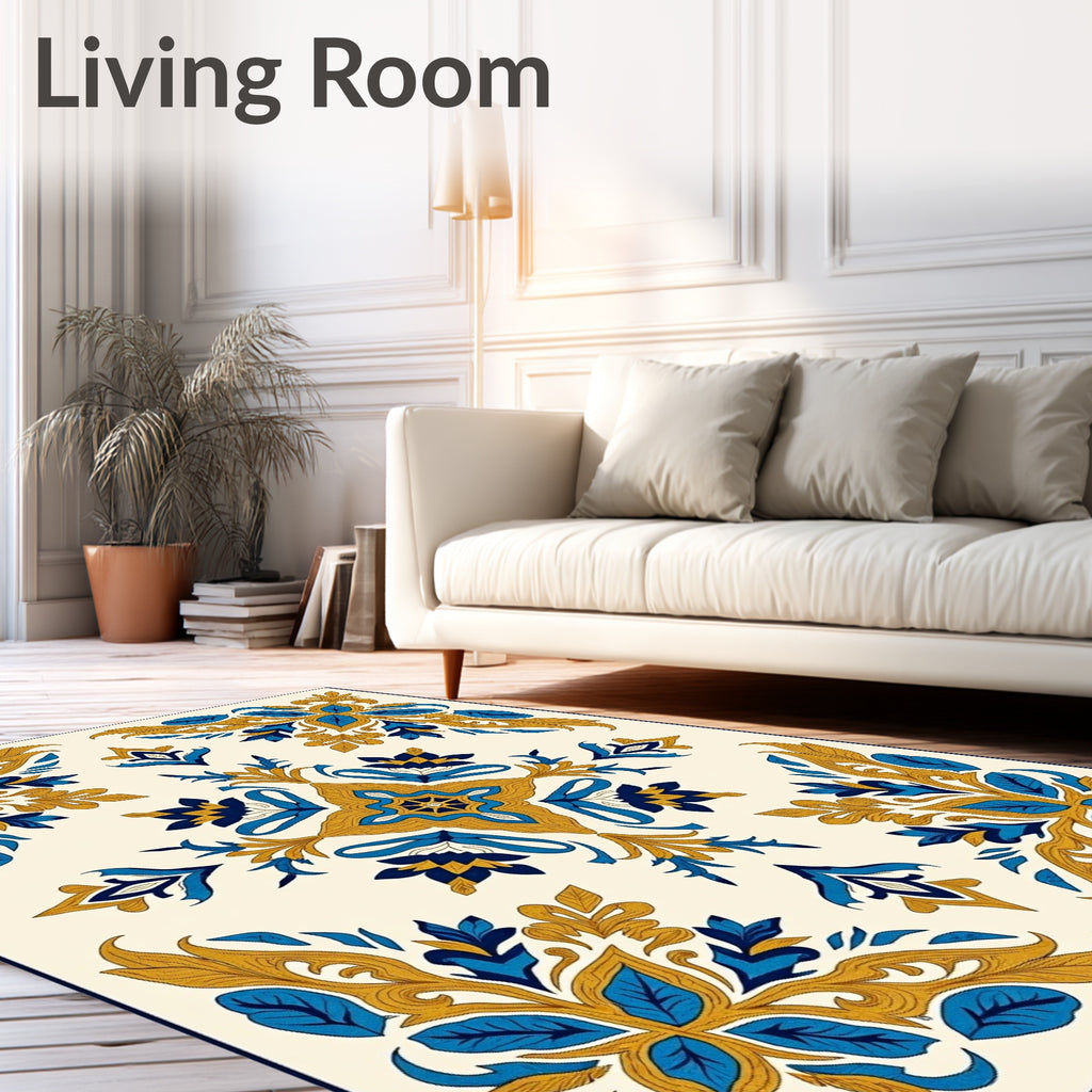 Royal Blue Gold Acanthus Scrollwork Rug
