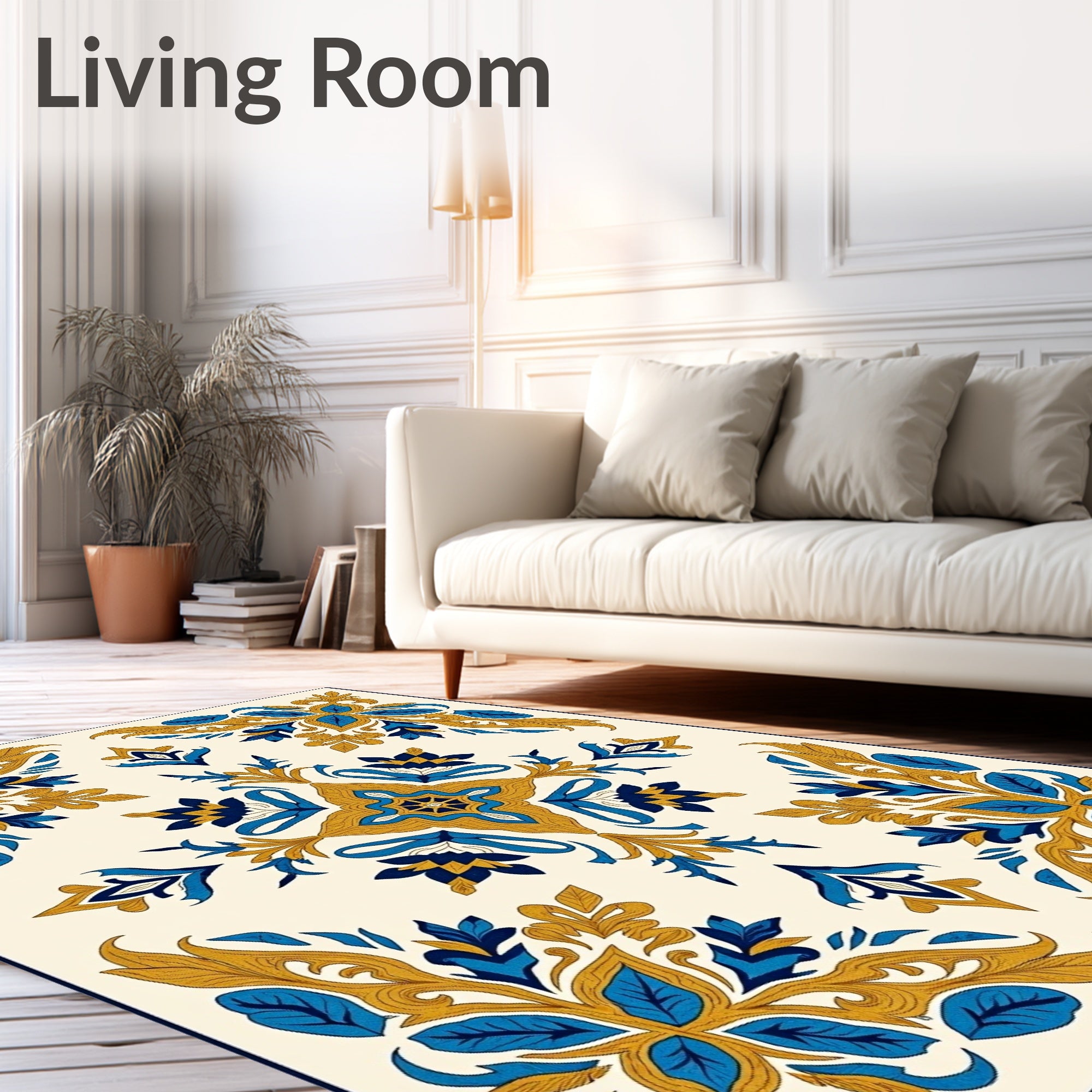 Royal Blue Gold Acanthus Scrollwork Rug