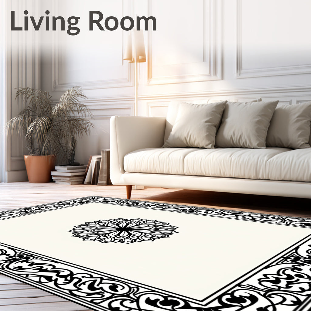 Ornate Black Floral Medallion Frame Rug