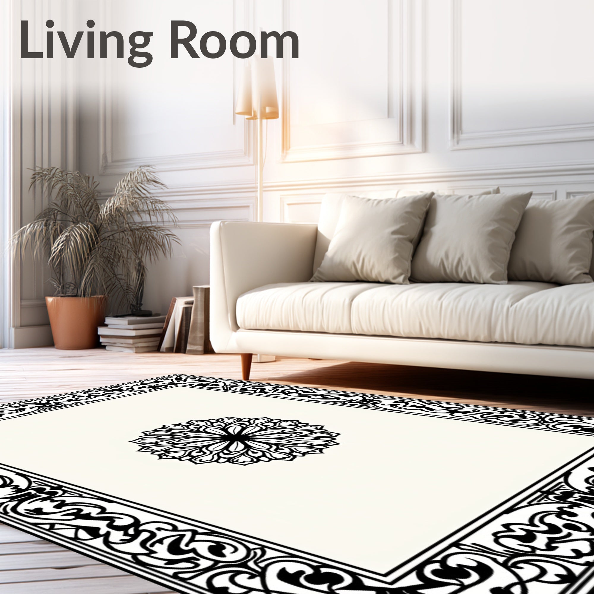 Ornate Black Floral Medallion Frame Rug