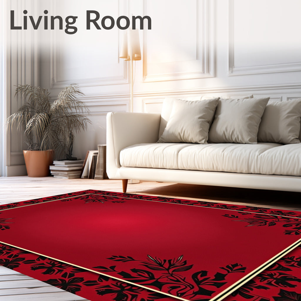 Crimson Black Floral Bordered Background Rug