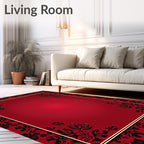 Crimson Black Floral Bordered Background Rug