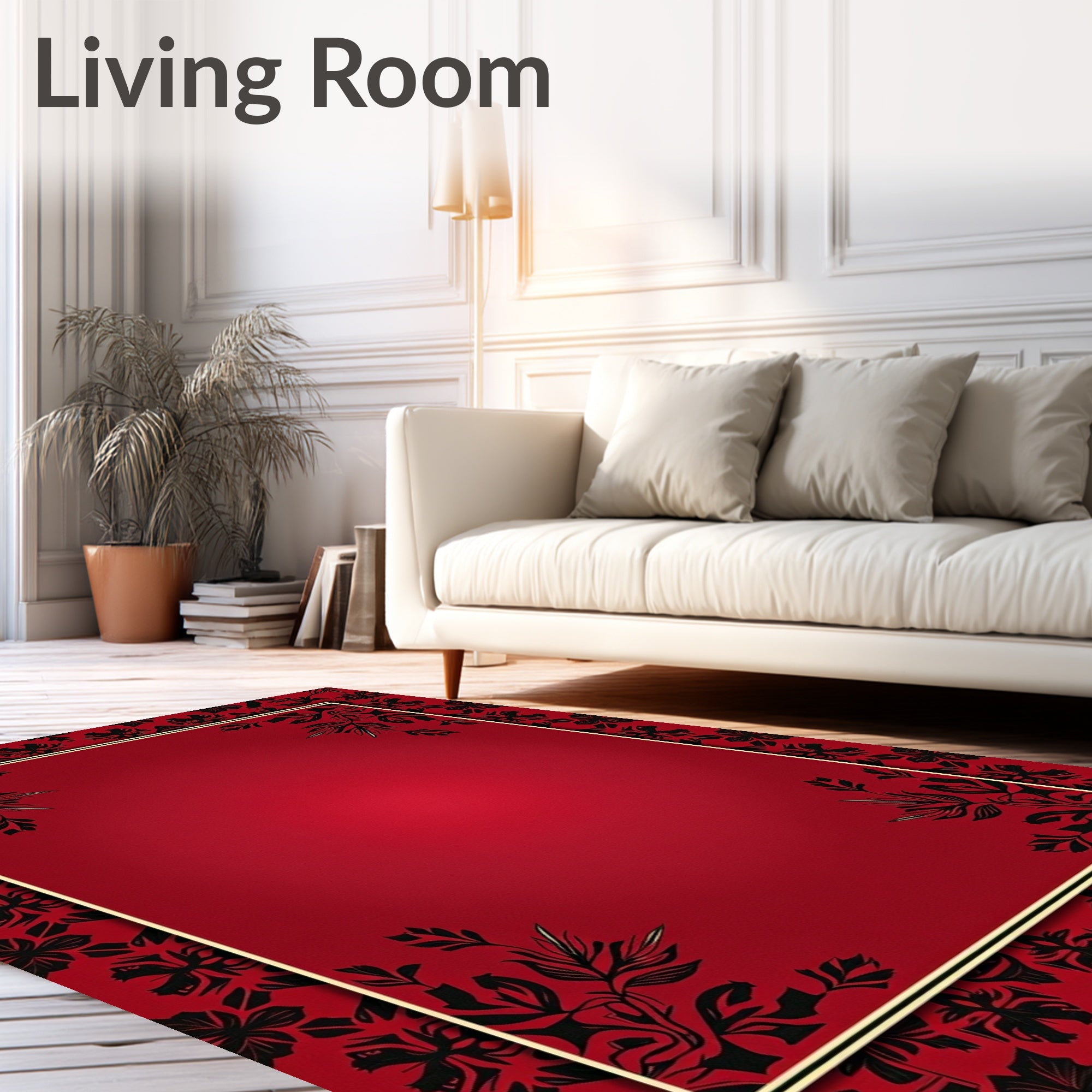 Crimson Black Floral Bordered Background Rug