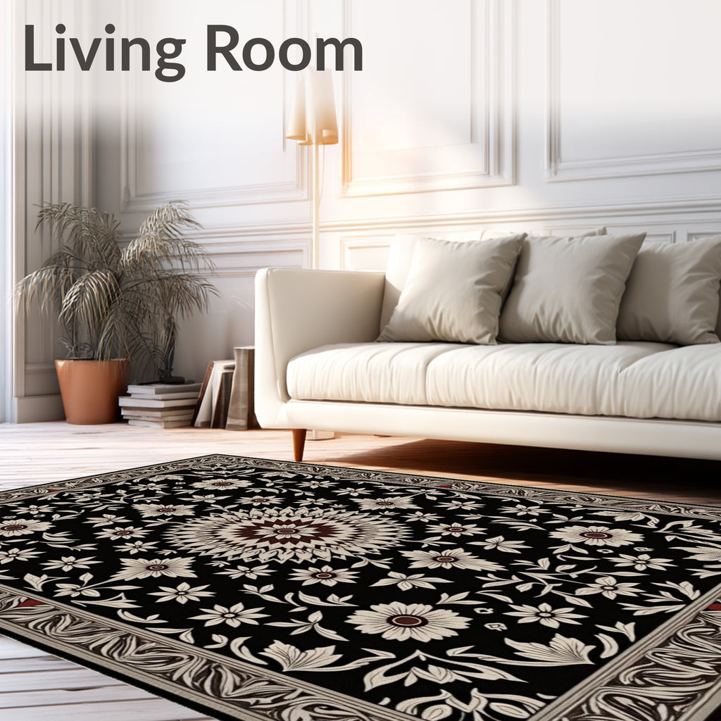Rich Blossom Centered Black Ivory Rug