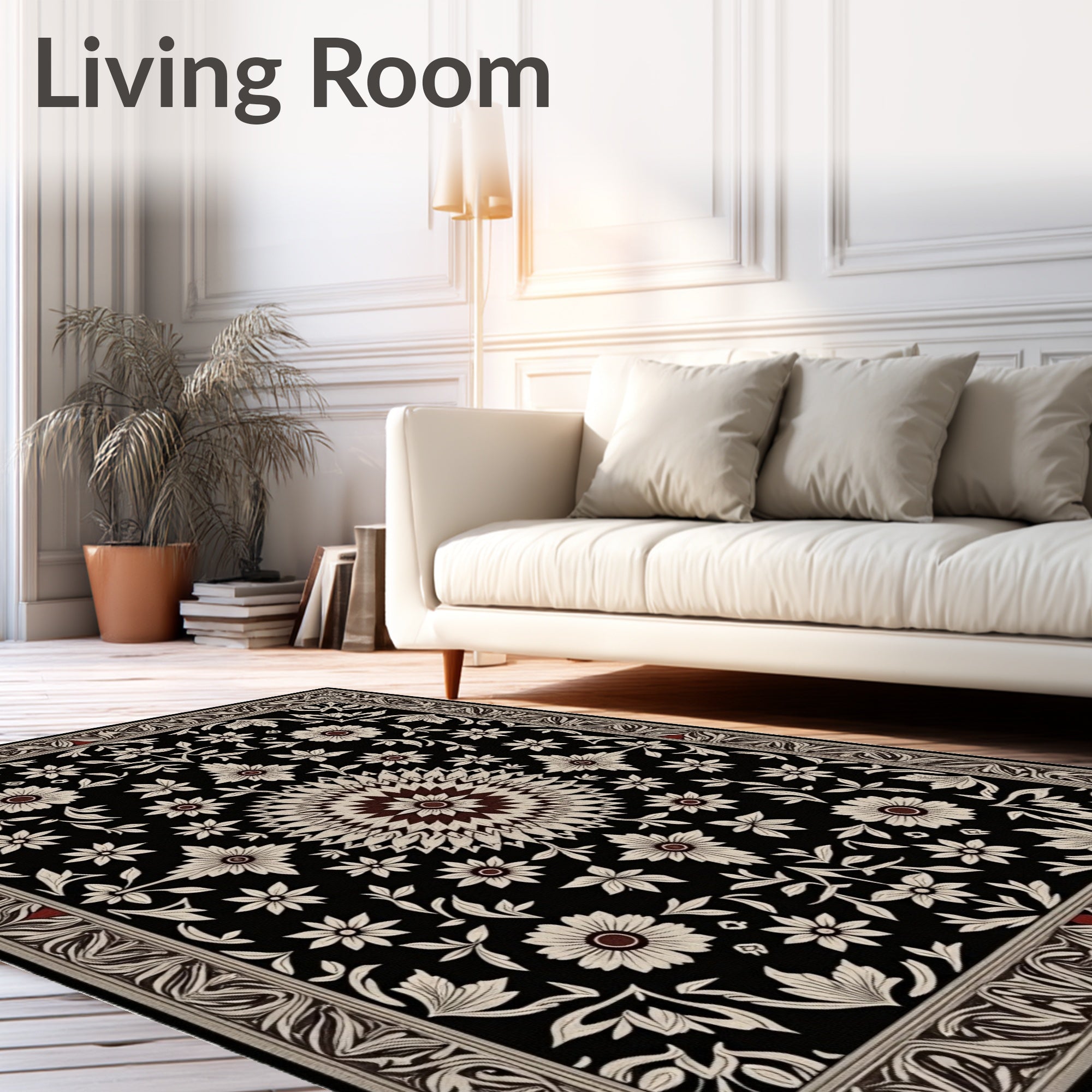 Rich Blossom Centered Black Ivory Rug