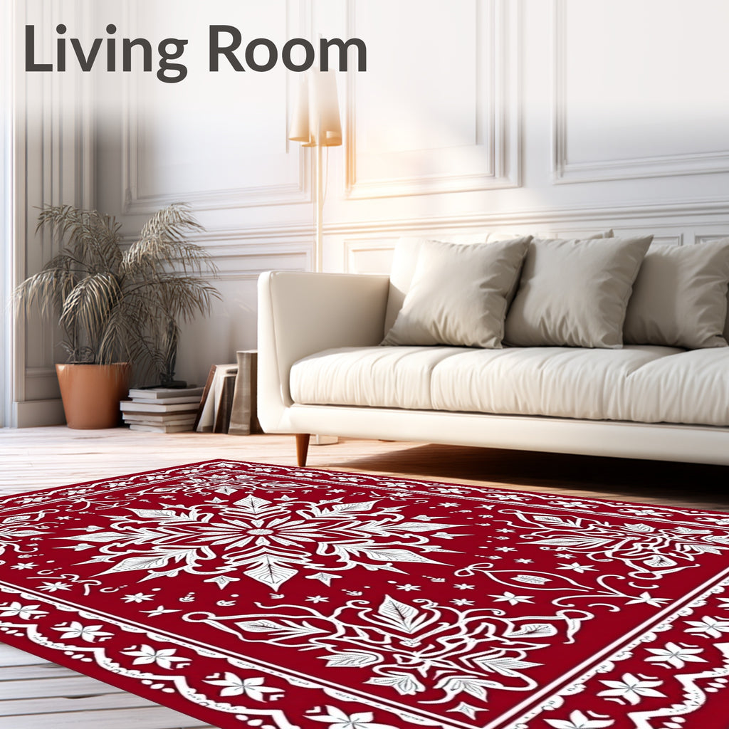 Crimson White Floral Starburst Mandala Rug