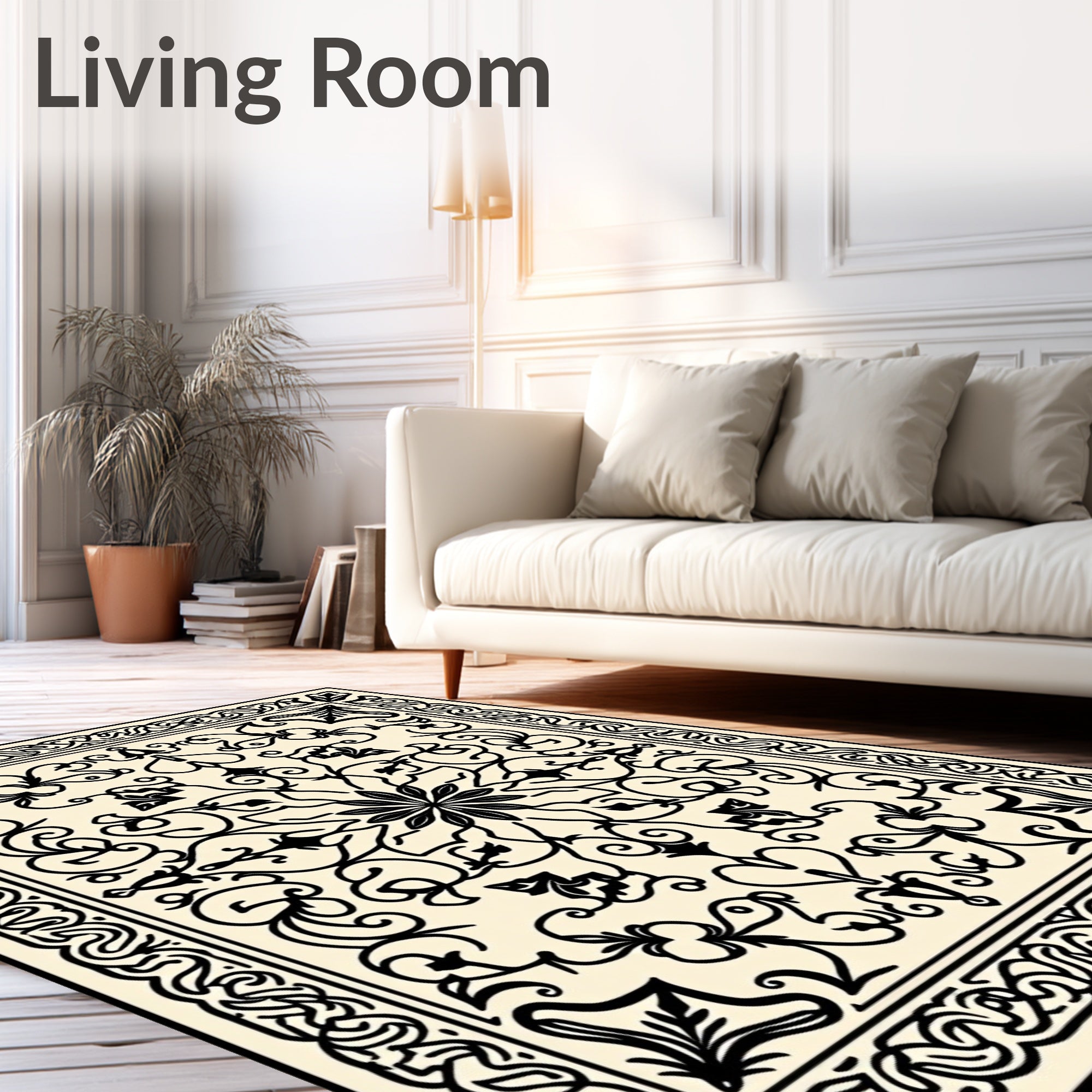 Classic Black Ivory Floral Scroll Rug