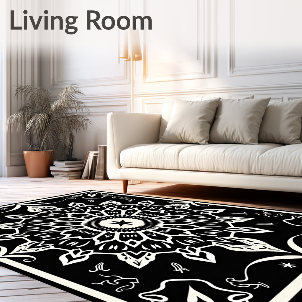 Black White Floral Mandala medallion Rug