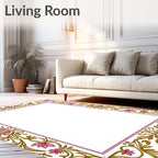 Elegant Pink Floral Gold Vine Border Rug