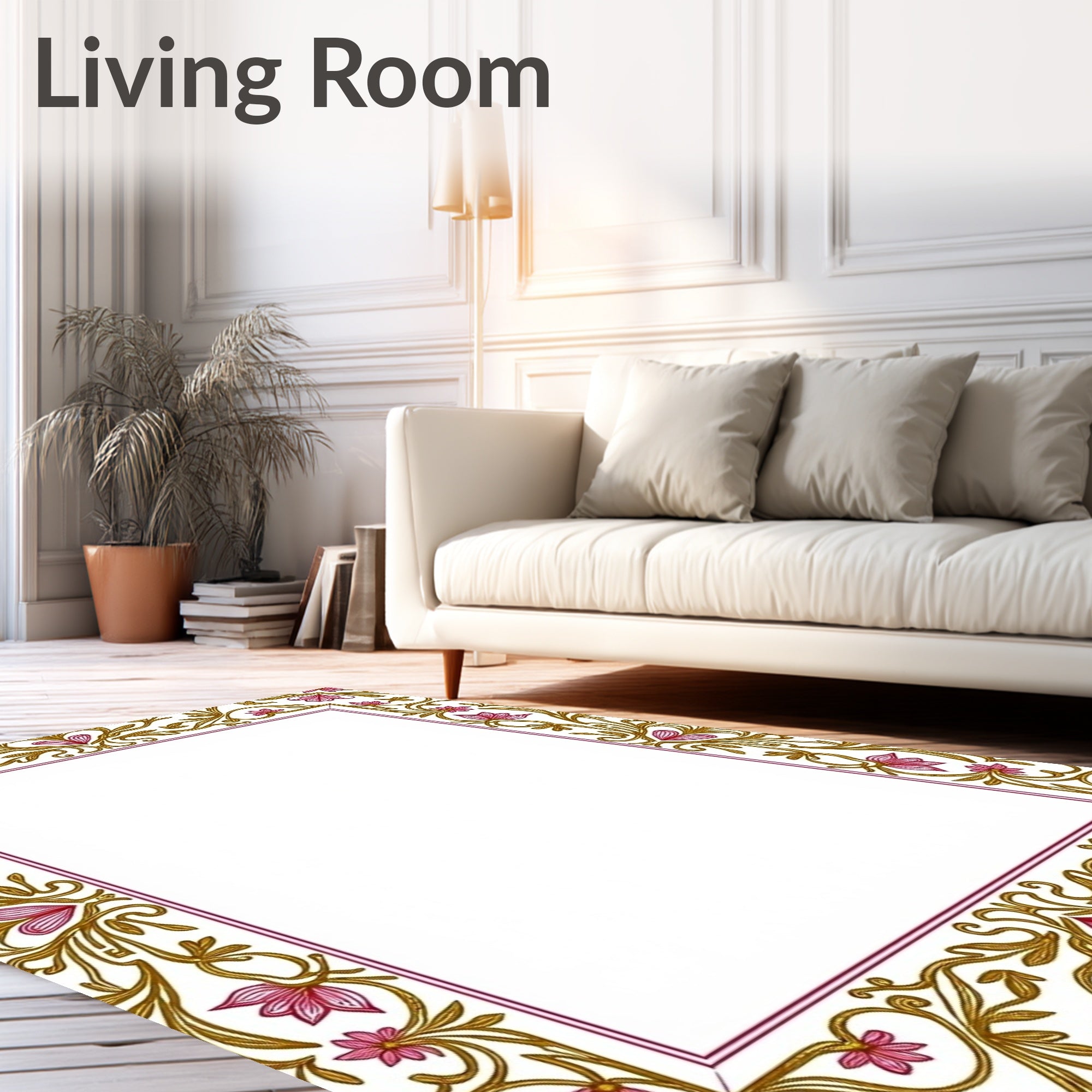 Elegant Pink Floral Gold Vine Border Rug