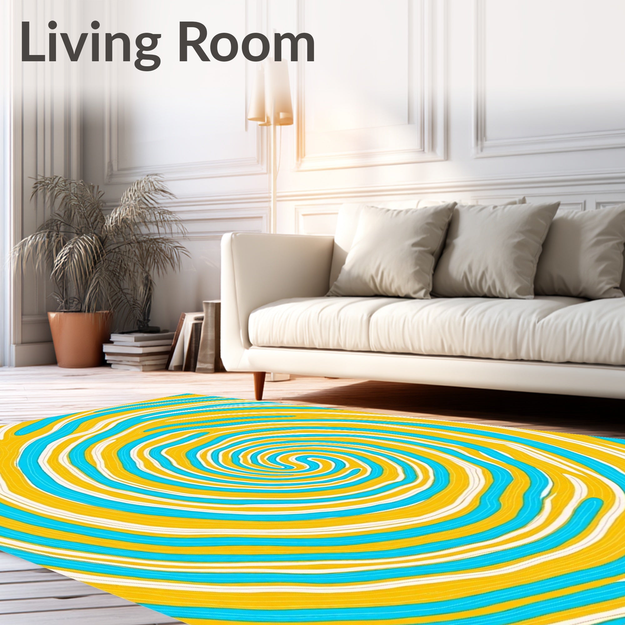 Vibrant Yellow Aqua Swirl Spiral Rug