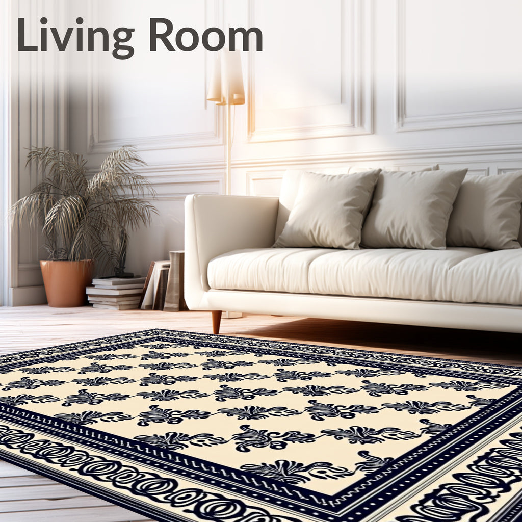 Classic Navy Floral Scroll Border Rug