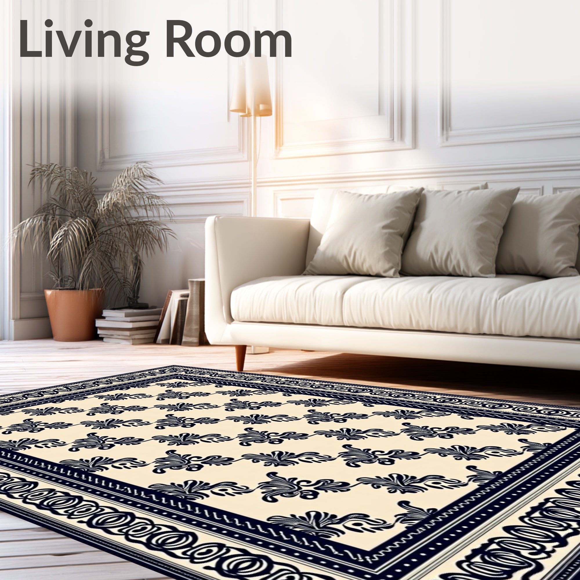 Classic Navy Floral Scroll Border Rug