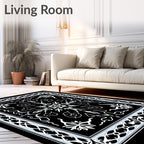 Black and White Stylized Floral Mandala Rug