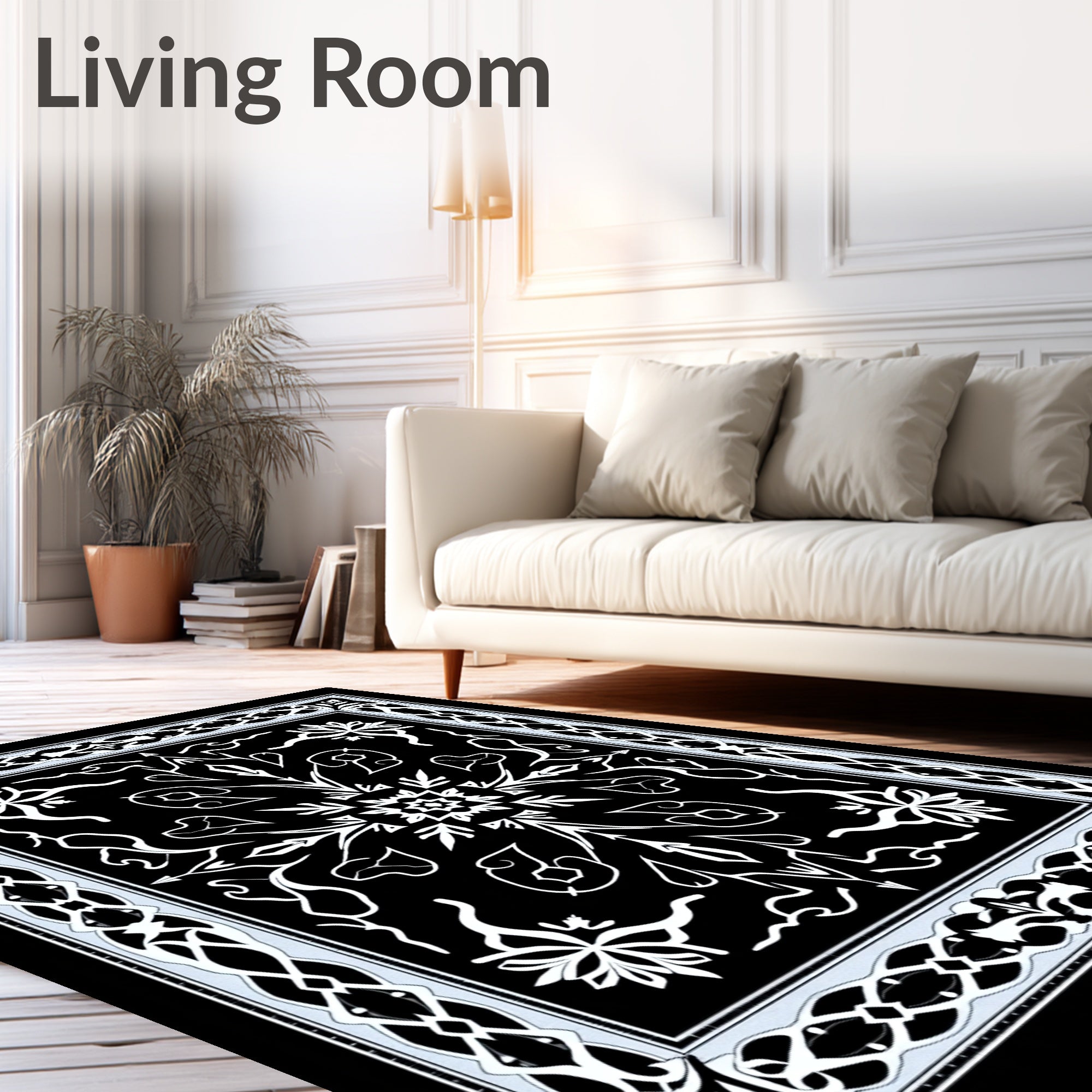 Black and White Stylized Floral Mandala Rug