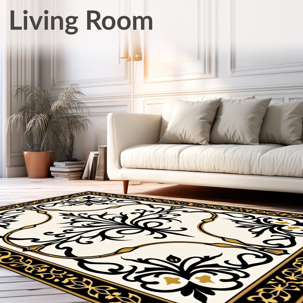 Ornate Black Gold Arabesque Floral Rug