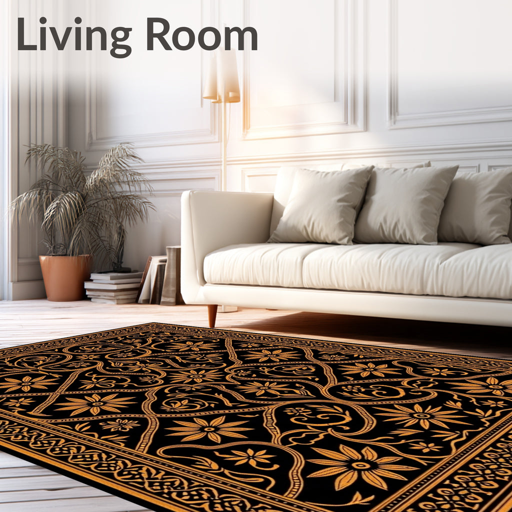 Ornate Gold Floral Vines Black Rug