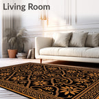 Ornate Gold Floral Vines Black Rug