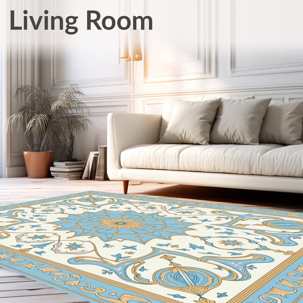 Ornate Sky Blue Medallion Garden Rug