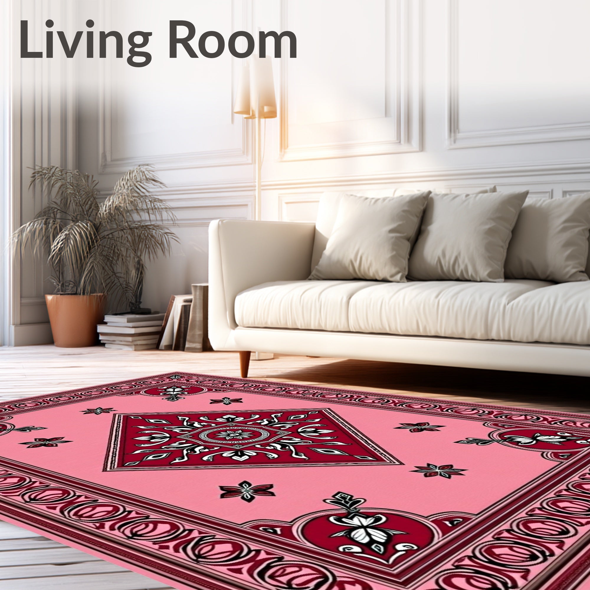 Pink Red Floral Medallion Diamond Rug