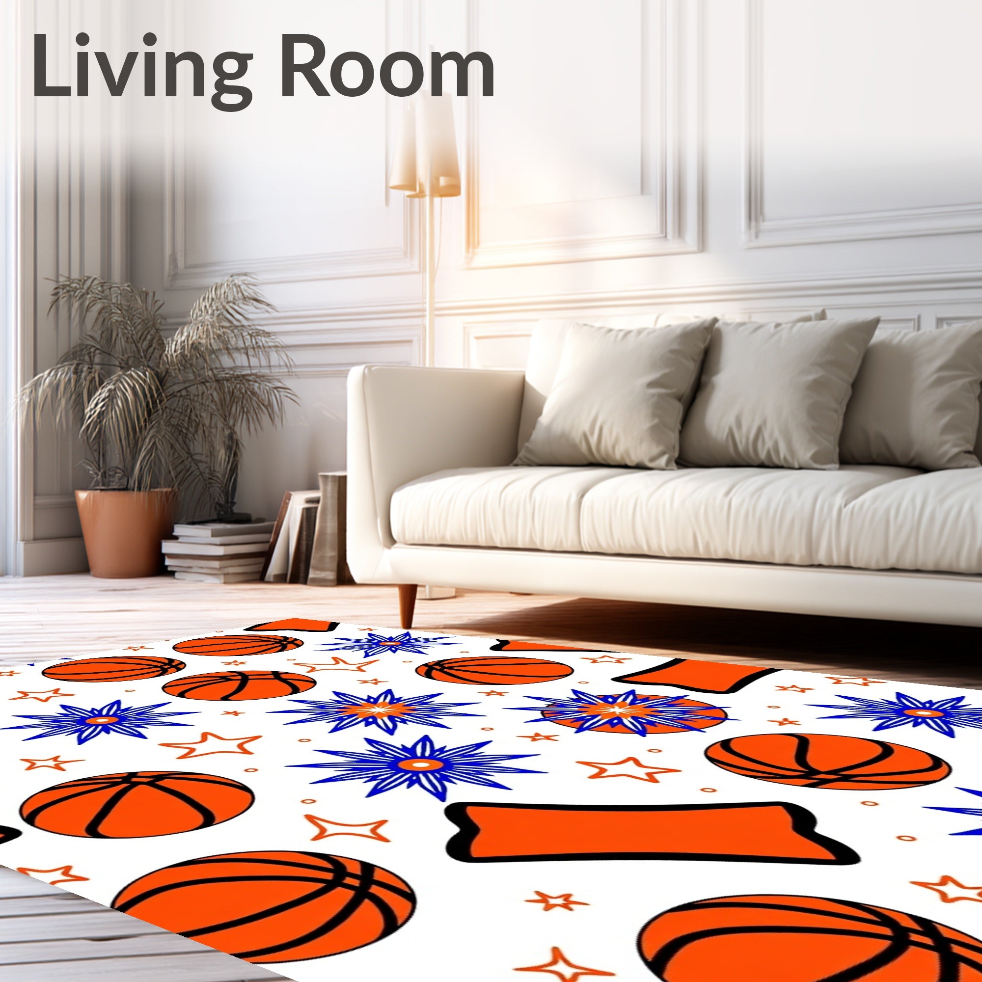 Orange Basketball Stars Blue Burst Rug