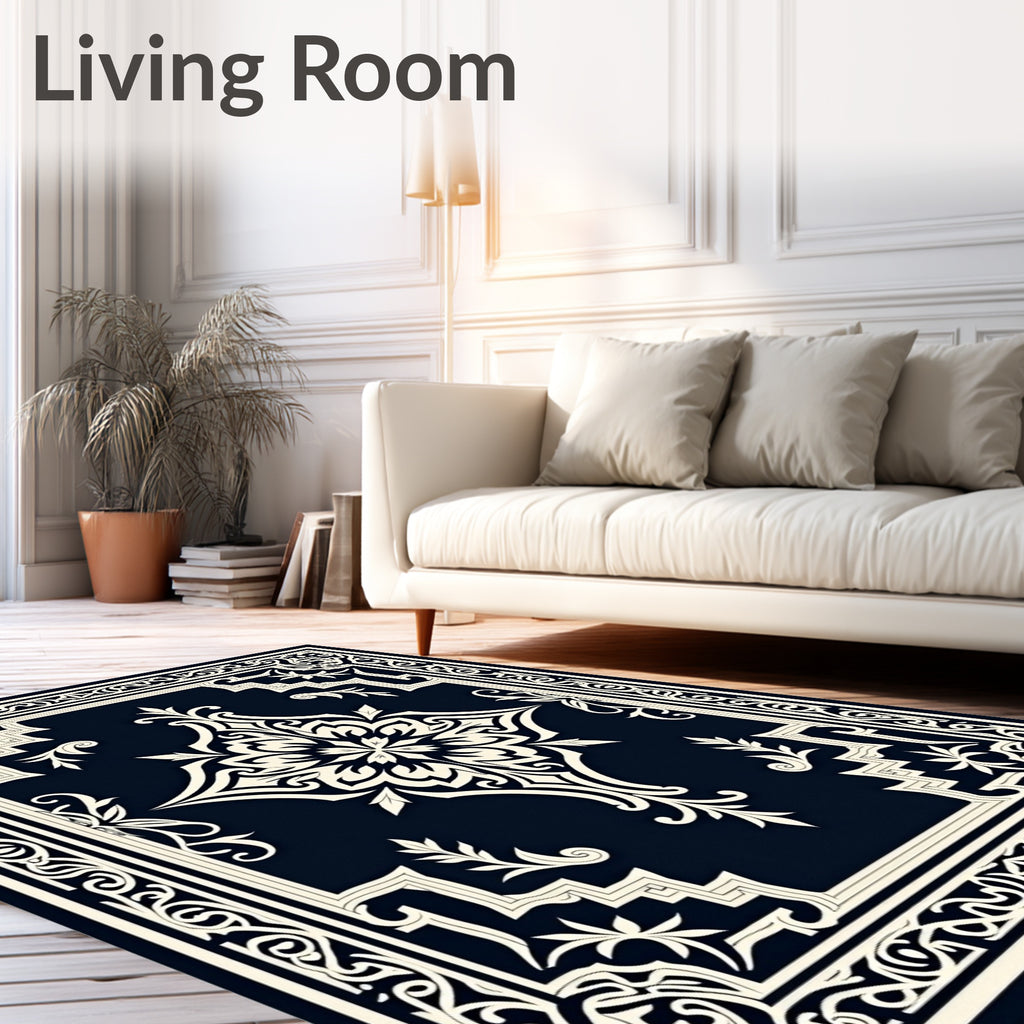 Midnight Navy Ivory Damask Frame Rug