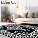 Midnight Navy Ivory Damask Frame Rug