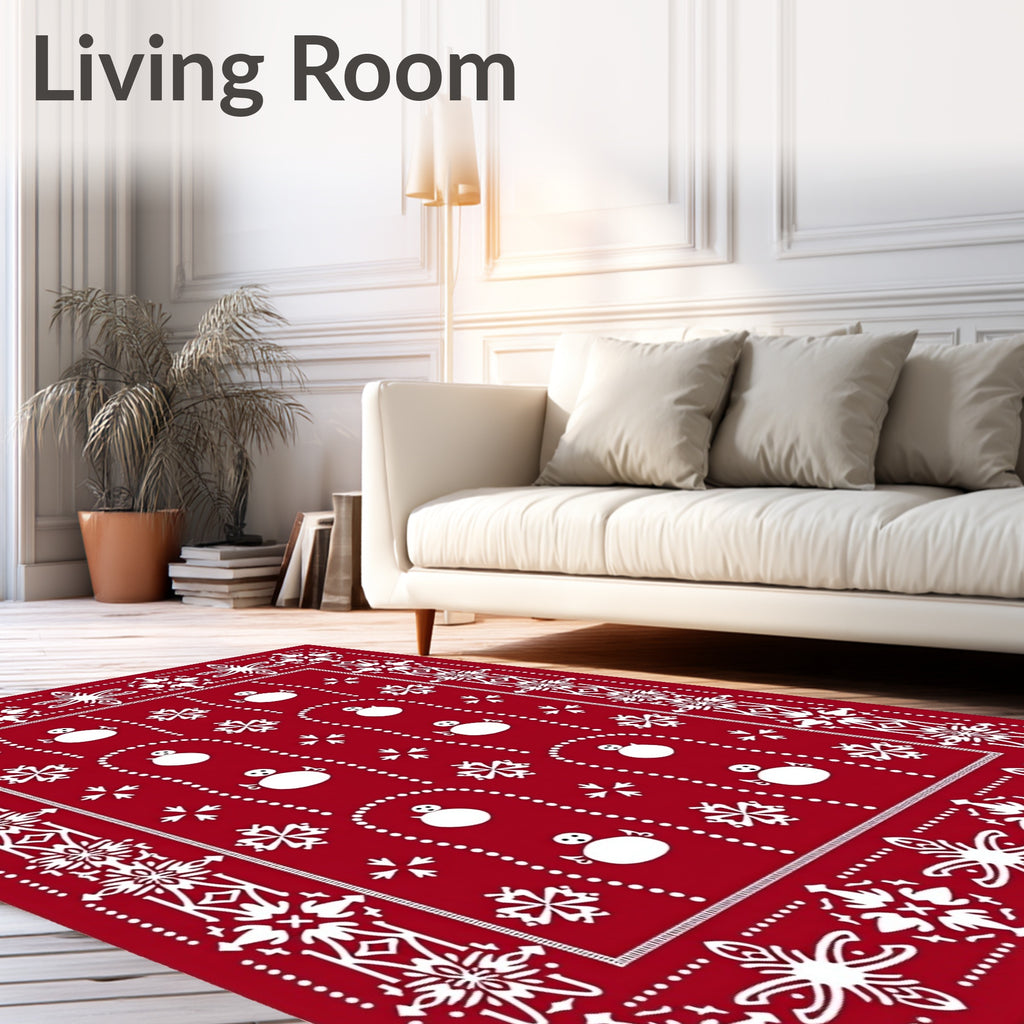Red Snowman Snowflake Festive Border Rug