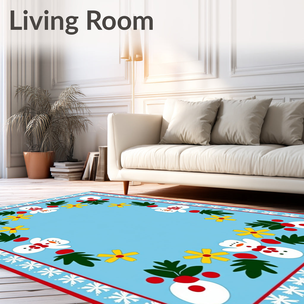 Light Blue Snowman Flower Border Rug