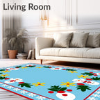 Light Blue Snowman Flower Border Rug