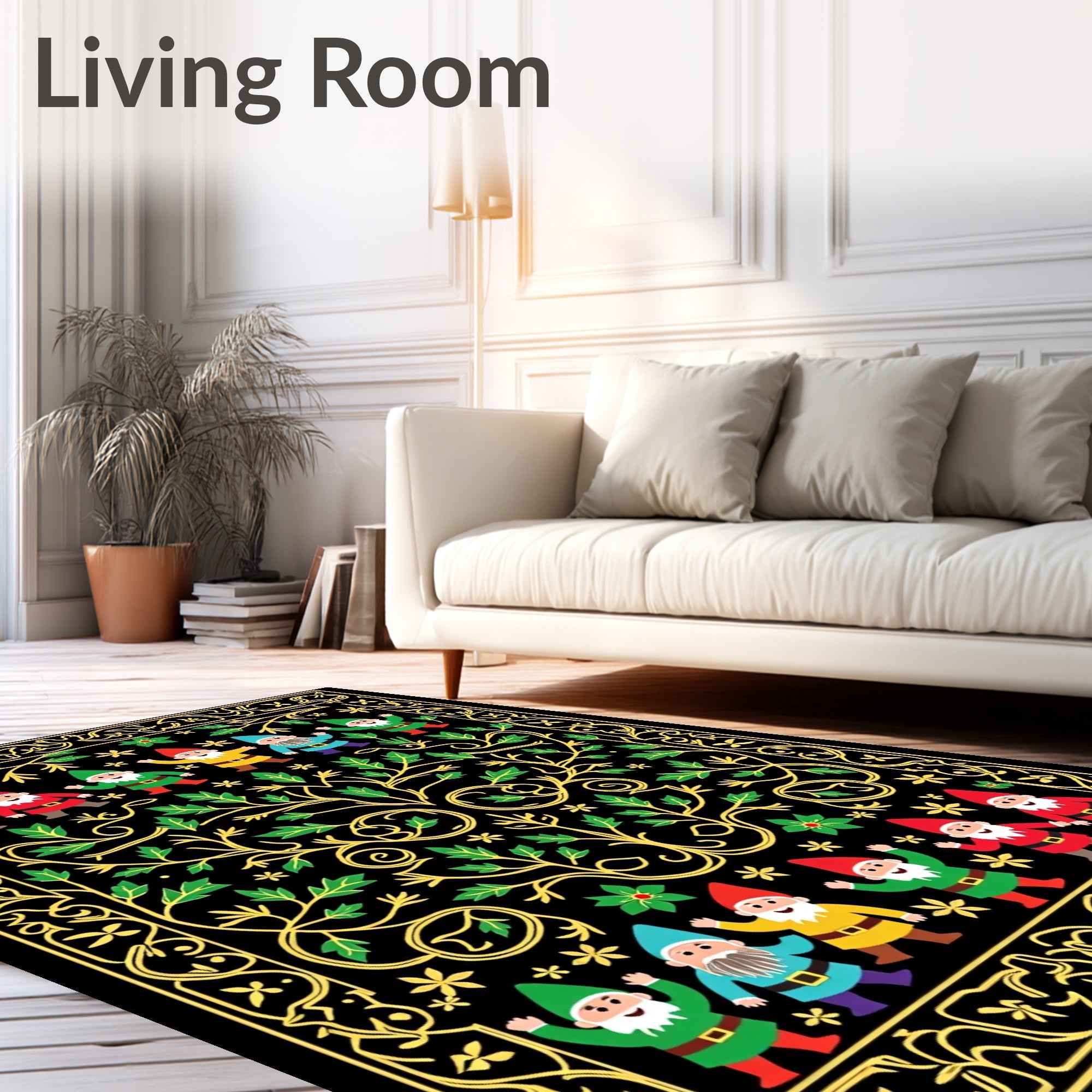Enchanted Garden Gnomes Floral Border Rug